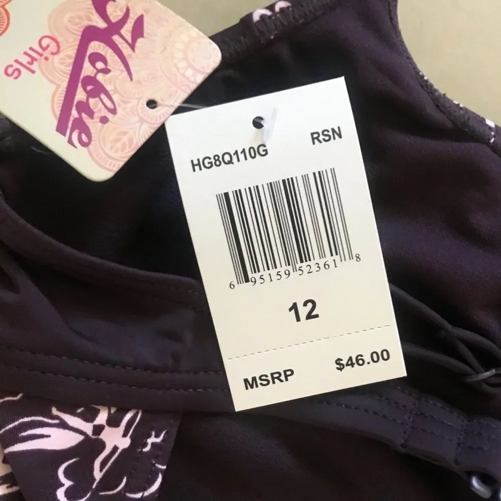 NWT Hobie Purple Girls One-Piece Swimsuit Tropical Palm Tree Print Kids Size 12